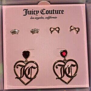 Juicy Couture Bows Red Jewel Heart Initials Earrings Set Of 3 JC Dangle Gold NEW